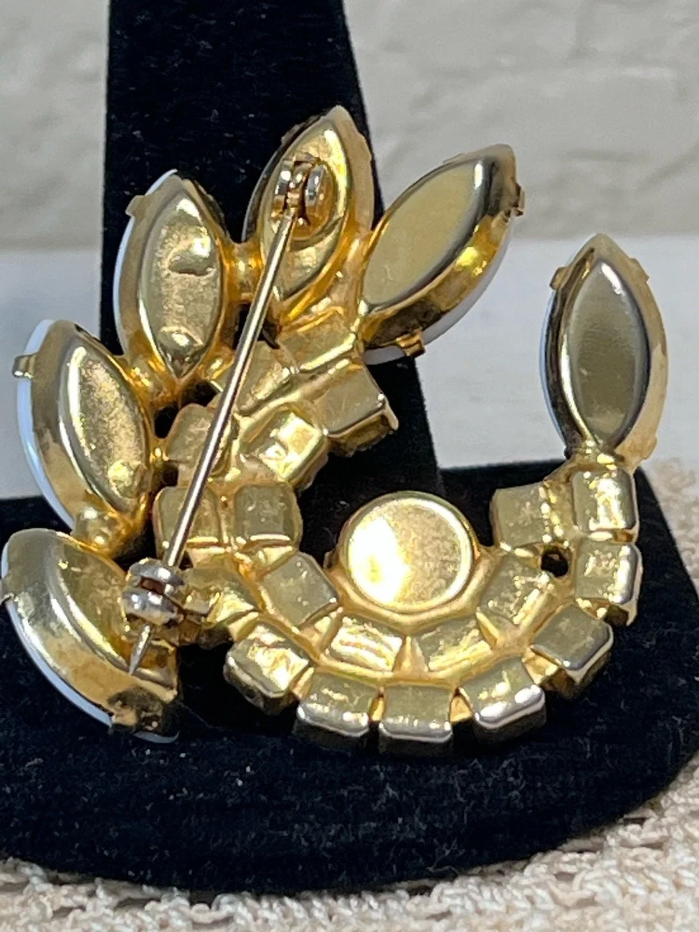 Vintage Milk Glass Rhinestone Crescent Brooch White Gold Tone MCM